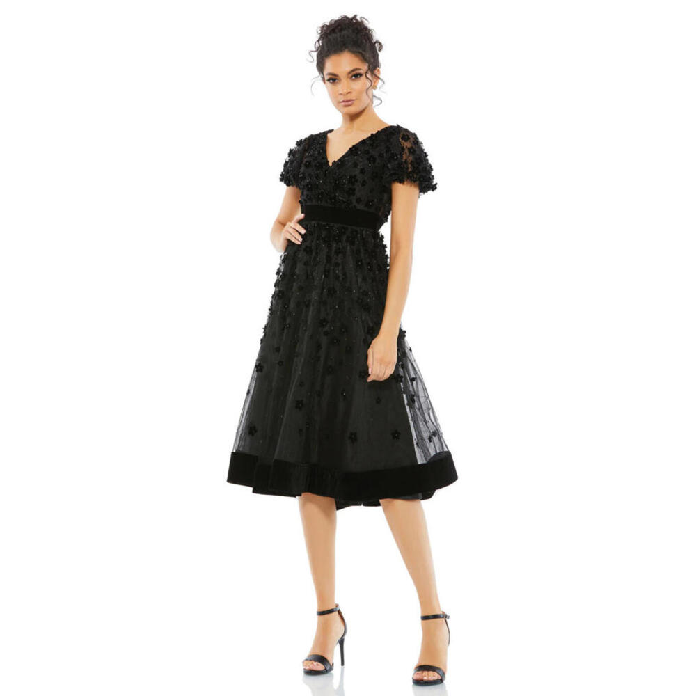 New Mac Duggal EMBELLISHED BUTTERFLY SLEEVE VELVET HEM MIDI DRESS in Black Sz 6